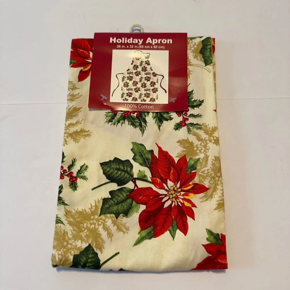 Holiday Apron Christmas Poinsettia Holly Berry 100% Cotton 26x32 Cream Red Green